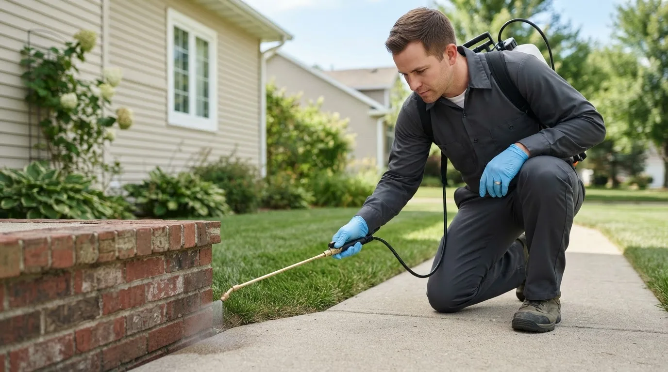 Pest control technician treating a home near Eastlake, MI