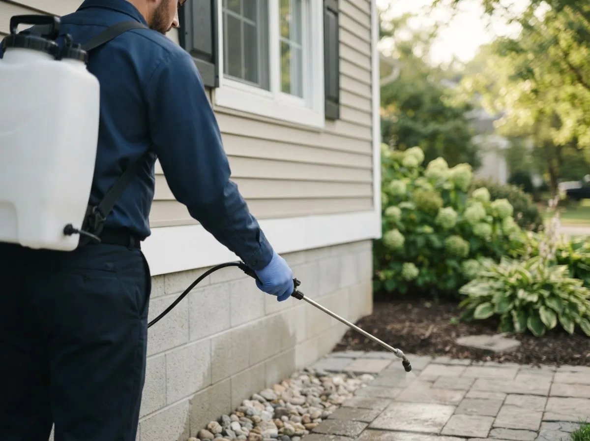 Pest control technician inspecting a home in Eastlake, MI